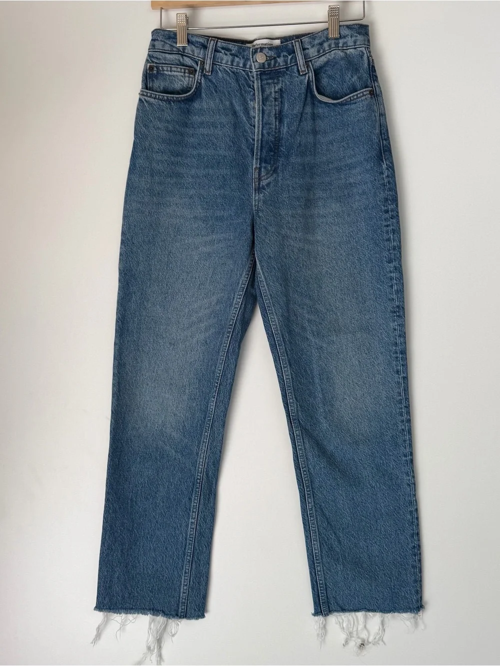 Reformation Women's High Rise Raw Frayed hem Straight Blue Jeans
